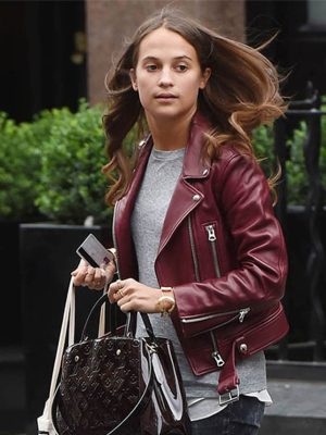 Alicia Vikander Maroon Leather Jacket