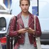 Alicia Vikander Maroon Leather Jacket