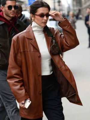 Bella Hadid Classic Brown Leather Jacket