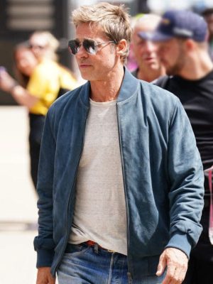Brad Pitt F1 Movie 2025 Blue Suede Bomber Jacket