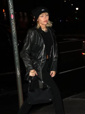 American Singer Miley Cyrus Black Leather Coat