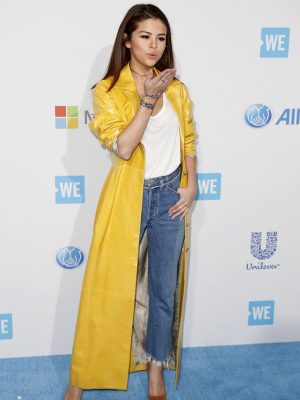 Selena Gomez New Yellow Leather Coat