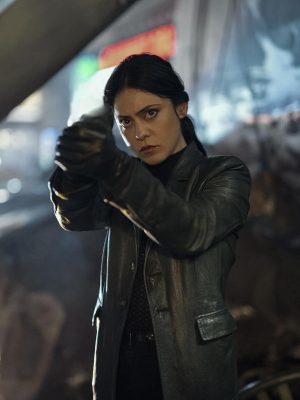 Rosa Salazar Play Dirty 2025 Black Leather Coat
