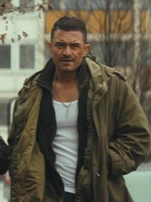 Orlando Bloom Deep Cover 2025 Green Cotton Coat