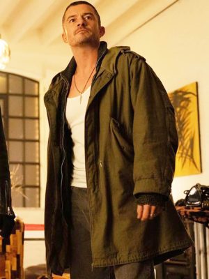 Orlando Bloom Deep Cover 2025 Green Cotton Coat