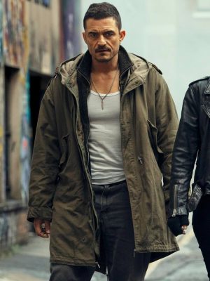 Orlando Bloom Deep Cover 2025 Green Cotton Coat