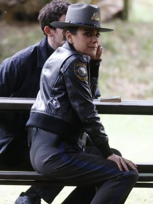 Mila Kunis Wake Up Dead Man 2025 Leather Bomber Jacket