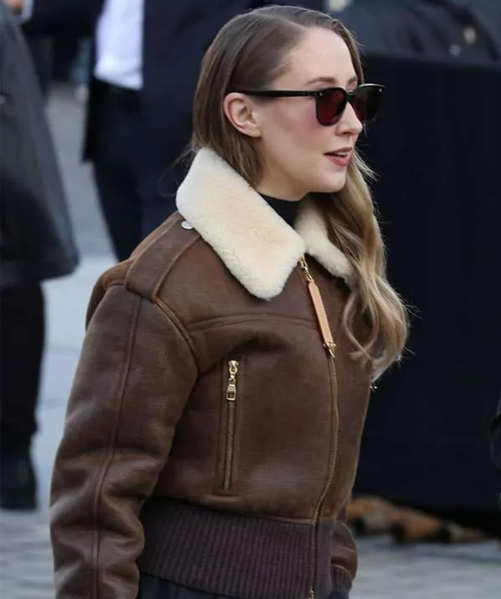 Erin Doherty PFW 2026 Brown Shearling Jacket