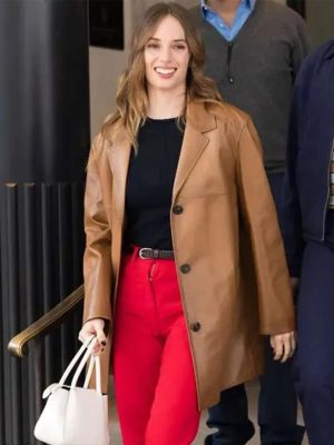 Maya Hawke Milan Fashion Week 2026 Brown Leather Coat