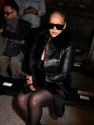 NYC 2026 Rihanna Fur Trim Black Leather Coat