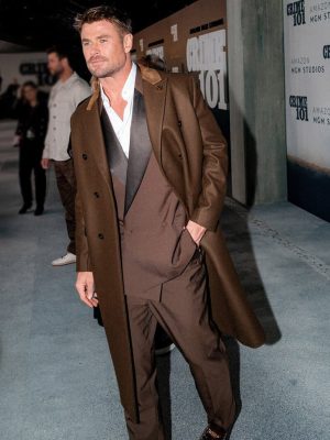 Crime 101 2026 Premiere Chris Hemsworth Brown Coat