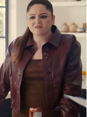 Hacks 2026 Megan Stalter Burgundy Leather Jacket