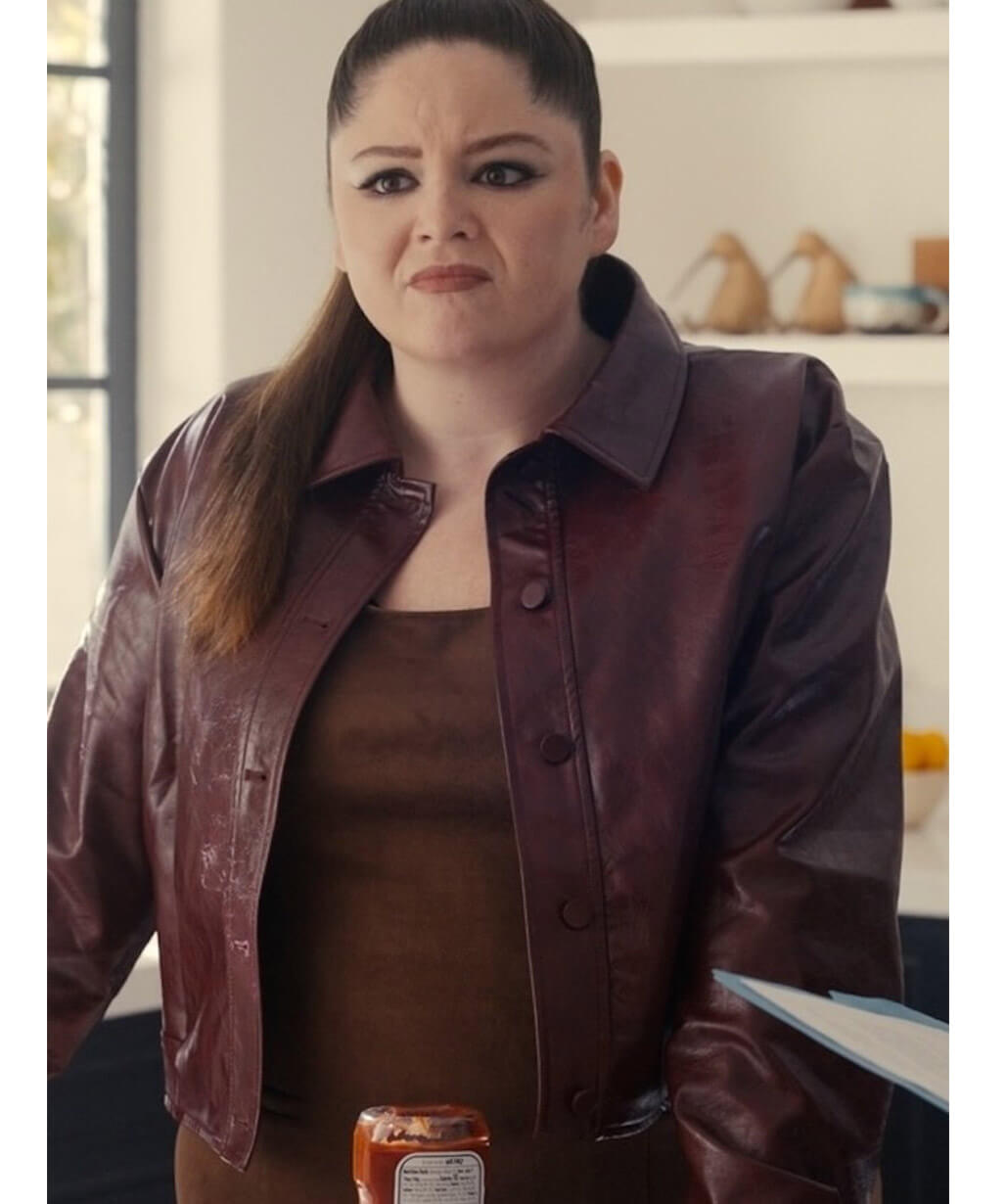 Hacks 2026 Megan Stalter Burgundy Leather Jacket