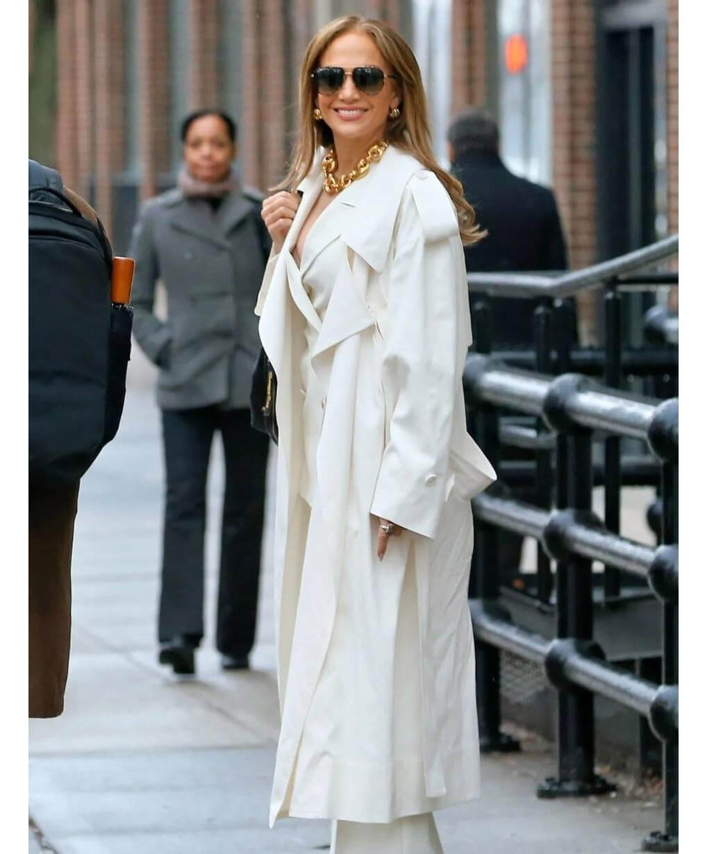 Office Romance 2026 Jennifer Lopez White Trench Coat
