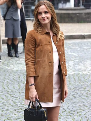 Emma Watson Miu Miu Spring 2026 Brown Suede Coat