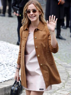 Emma Watson Miu Miu Spring 2026 Brown Suede Coat