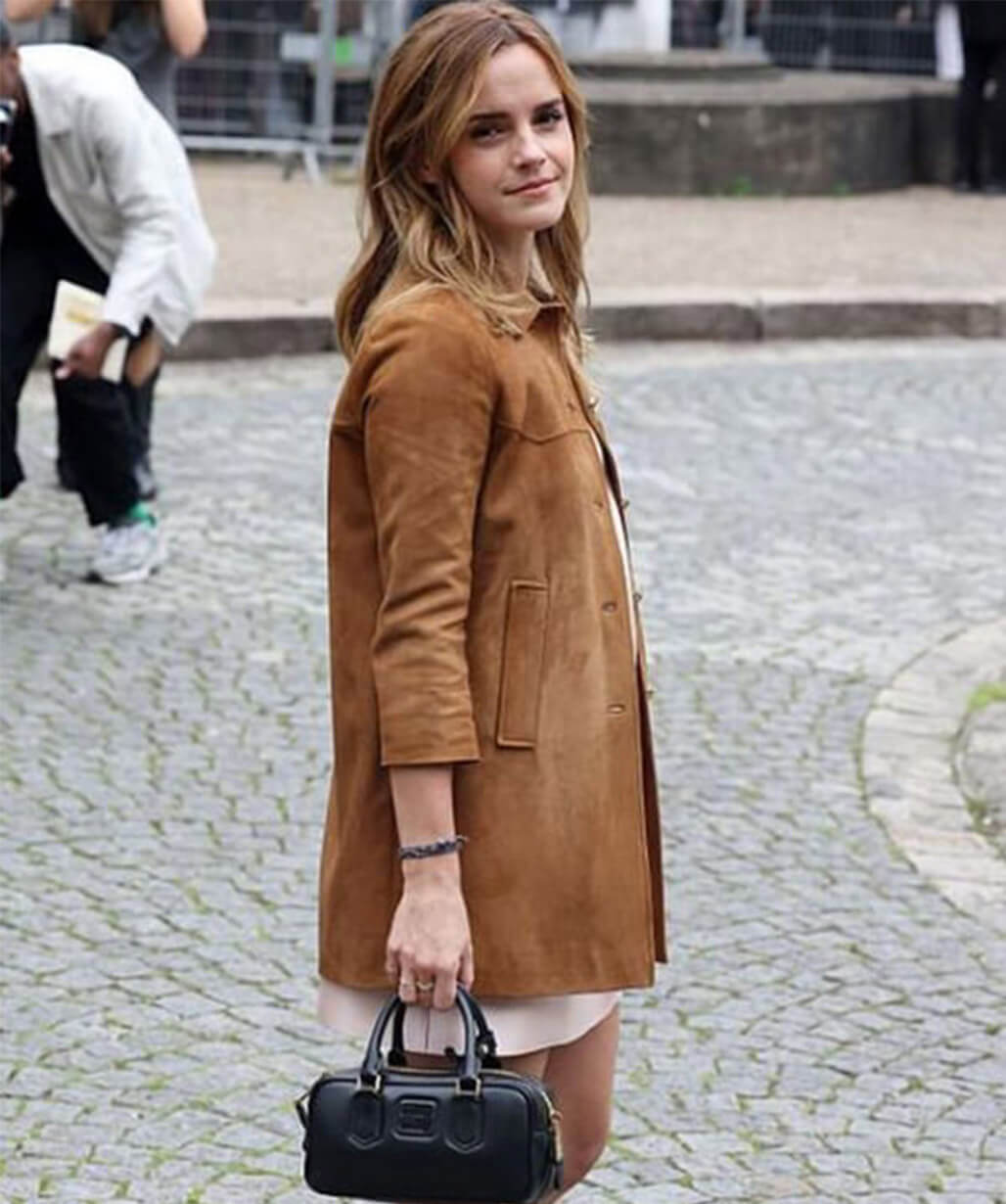 Emma Watson Miu Miu Spring 2026 Brown Suede Coat