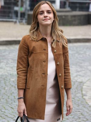 Emma Watson Miu Miu Spring 2026 Brown Suede Coat