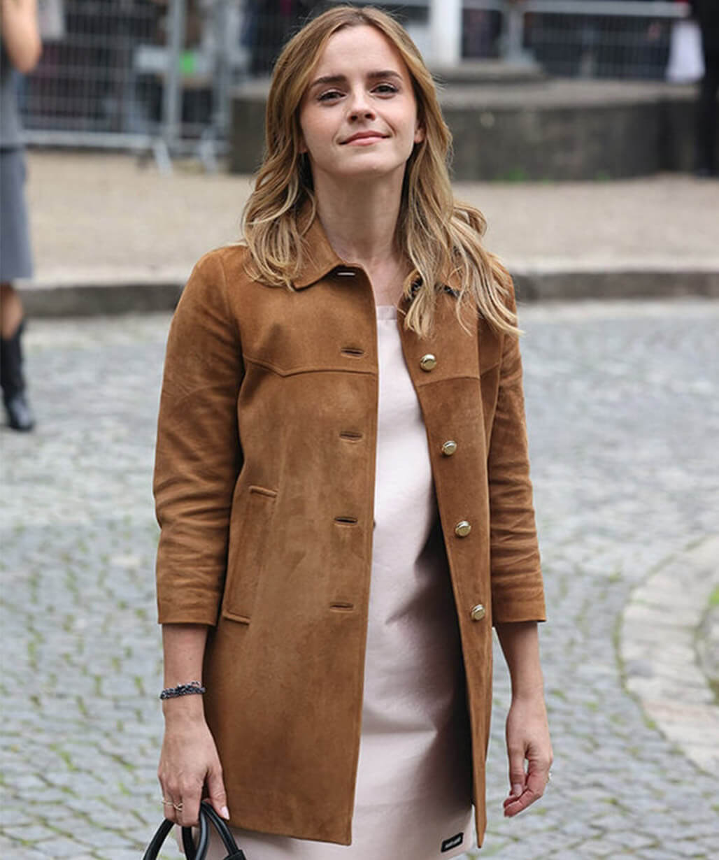 Emma Watson Miu Miu Spring 2026 Brown Suede Coat