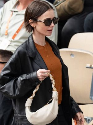 Lily Collins French Open 2026 Black Leather Jacket