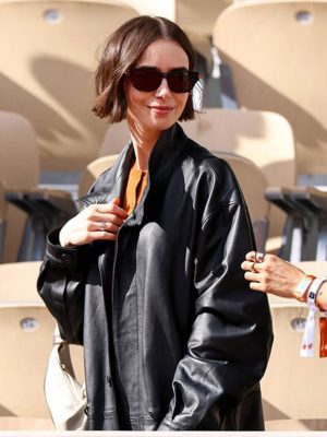Lily Collins French Open 2026 Black Leather Jacket