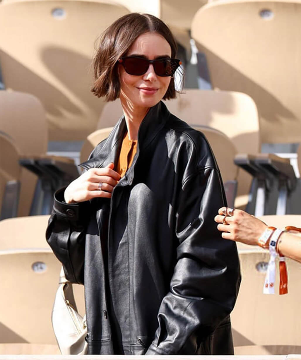 Lily Collins French Open 2026 Black Leather Jacket