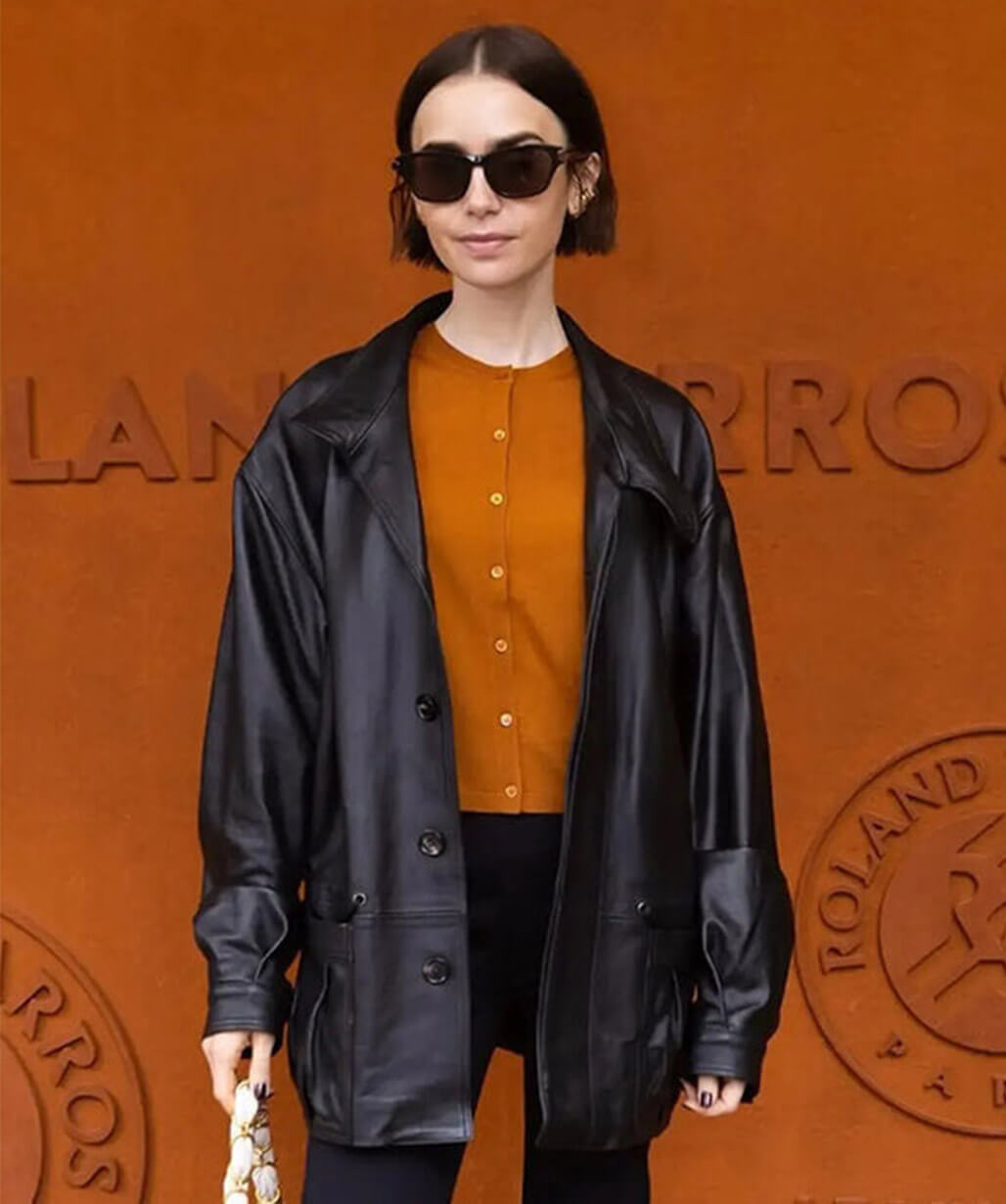Lily Collins French Open 2026 Black Leather Jacket