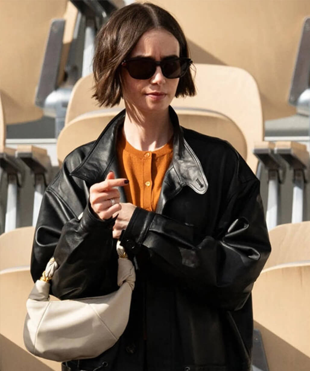 Lily Collins French Open 2026 Black Leather Jacket