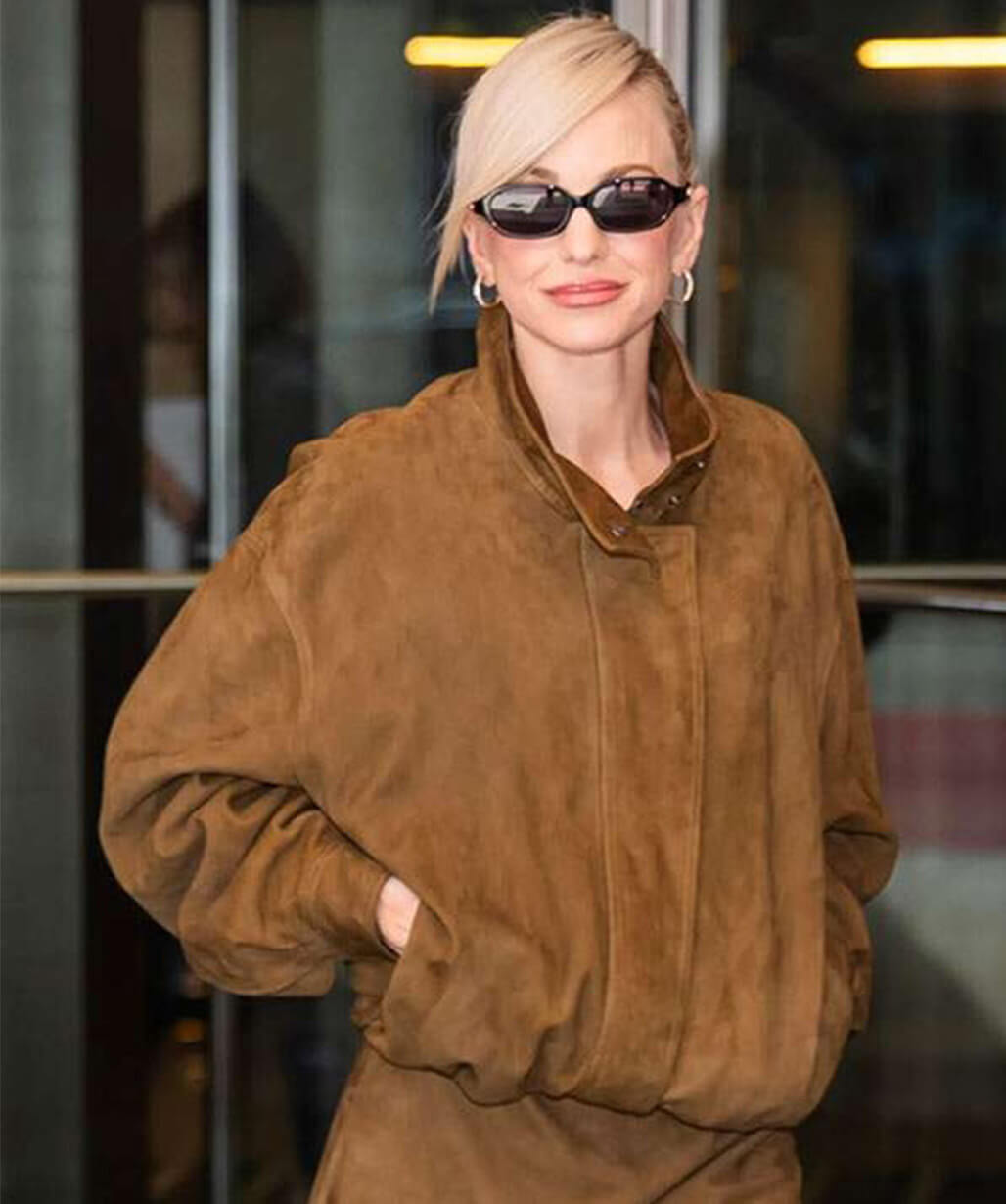 NYC 2026 Anna Faris Brown Suede Jacket