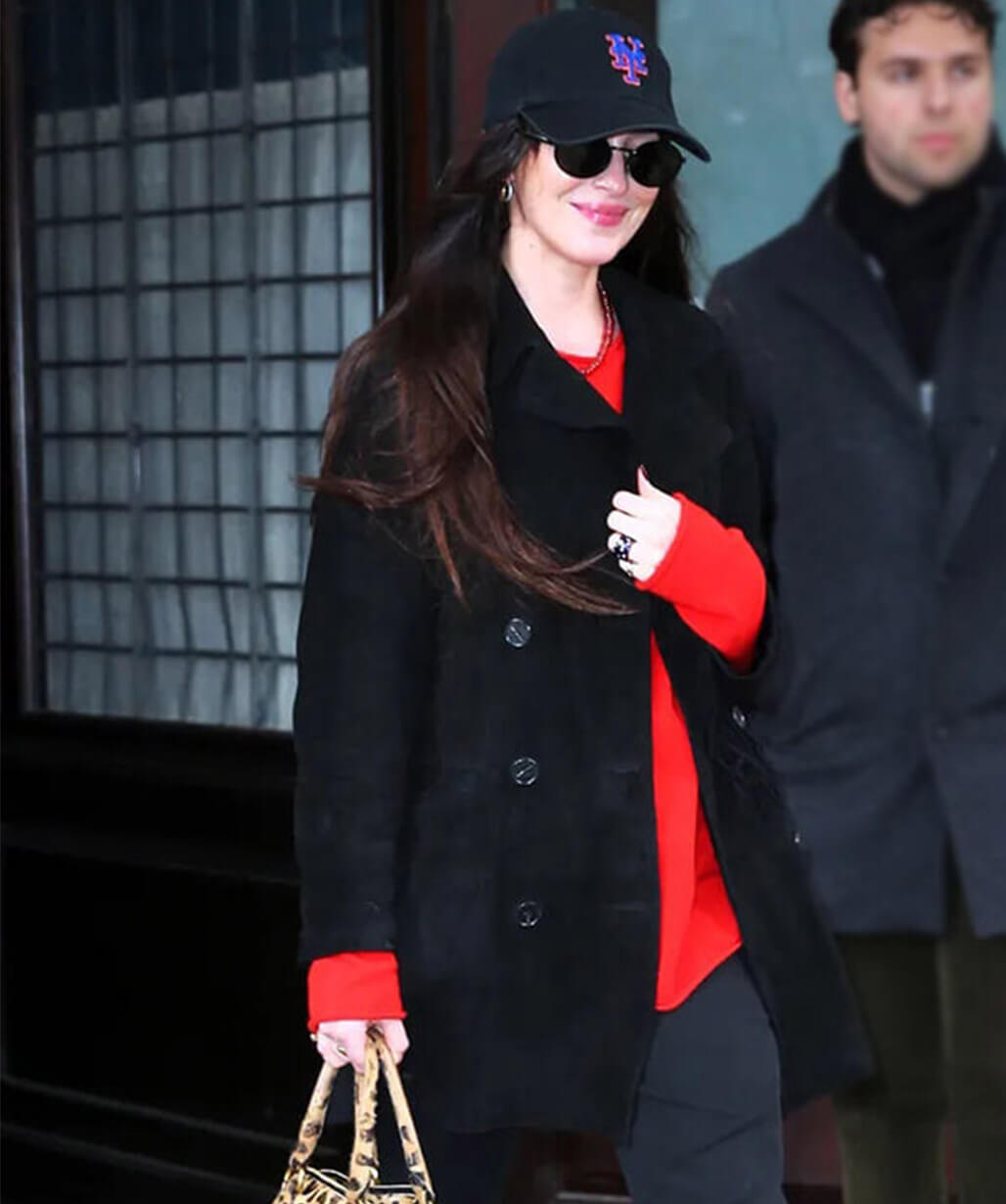 NYC 2026 Dakota Johnson Black Suede Coat