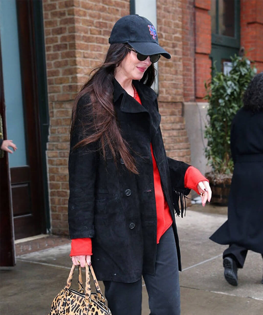 NYC 2026 Dakota Johnson Black Suede Coat