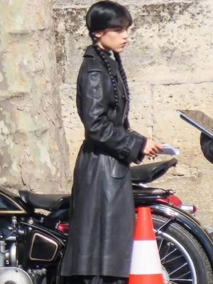 Wednesday S03 Jenna Ortega Black Leather Coat
