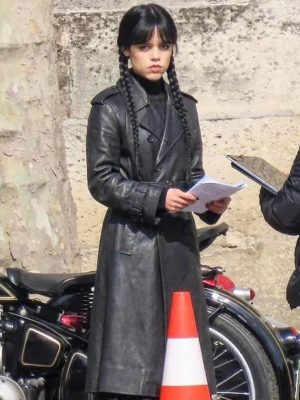 Wednesday S03 Jenna Ortega Black Leather Coat