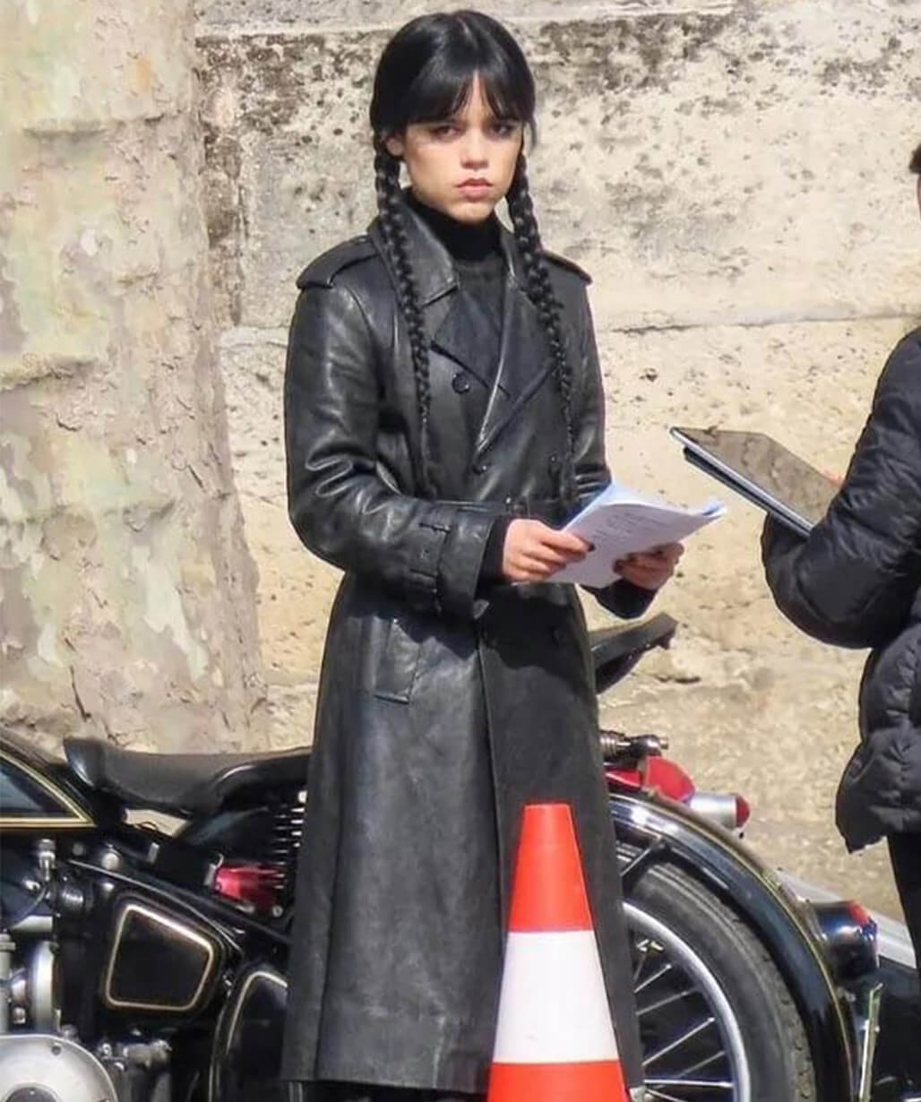 Wednesday S03 Jenna Ortega Black Leather Coat