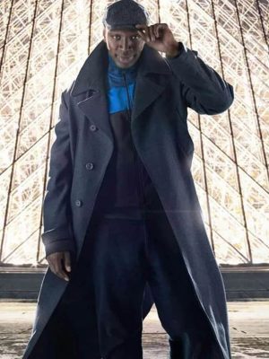 Lupin S02 Assane Diop Black Wool Long Coat