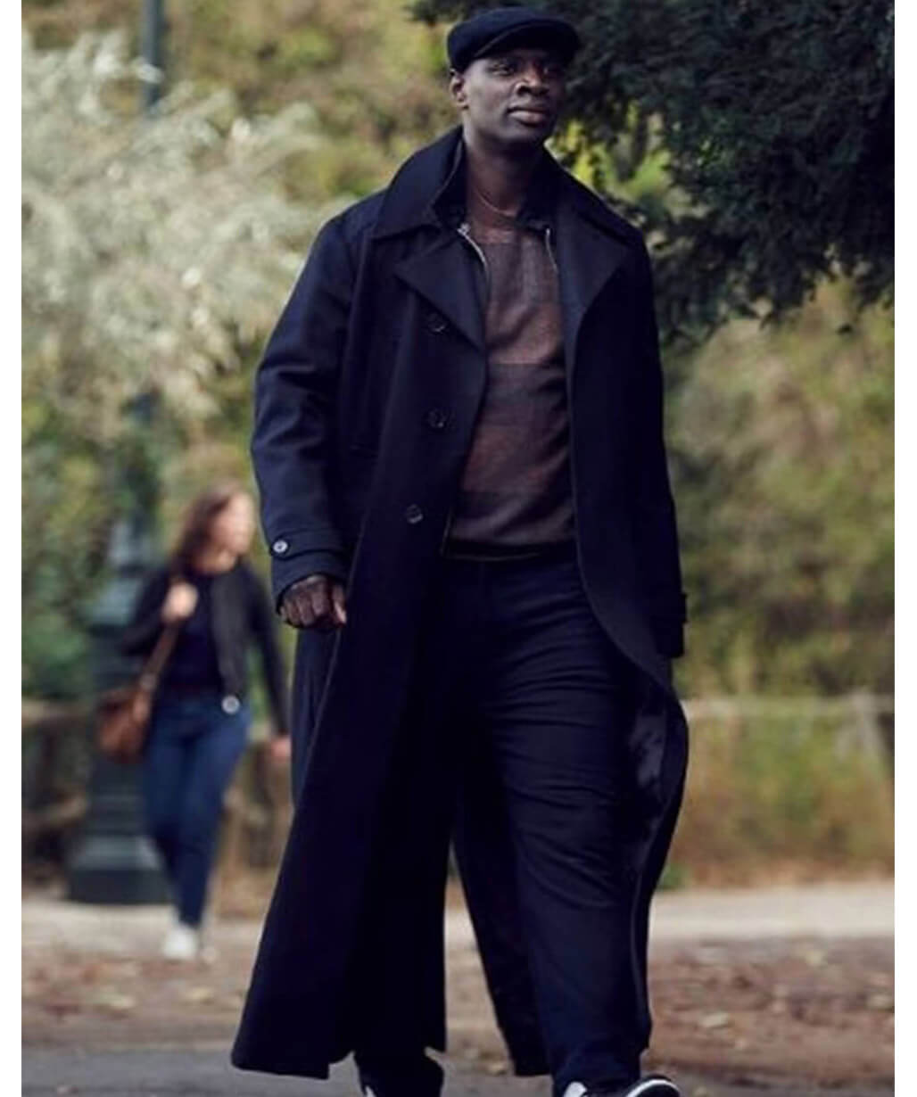 Lupin S02 Assane Diop Black Wool Long Coat