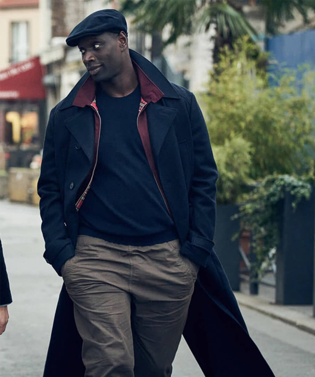 Lupin S02 Assane Diop Black Wool Long Coat