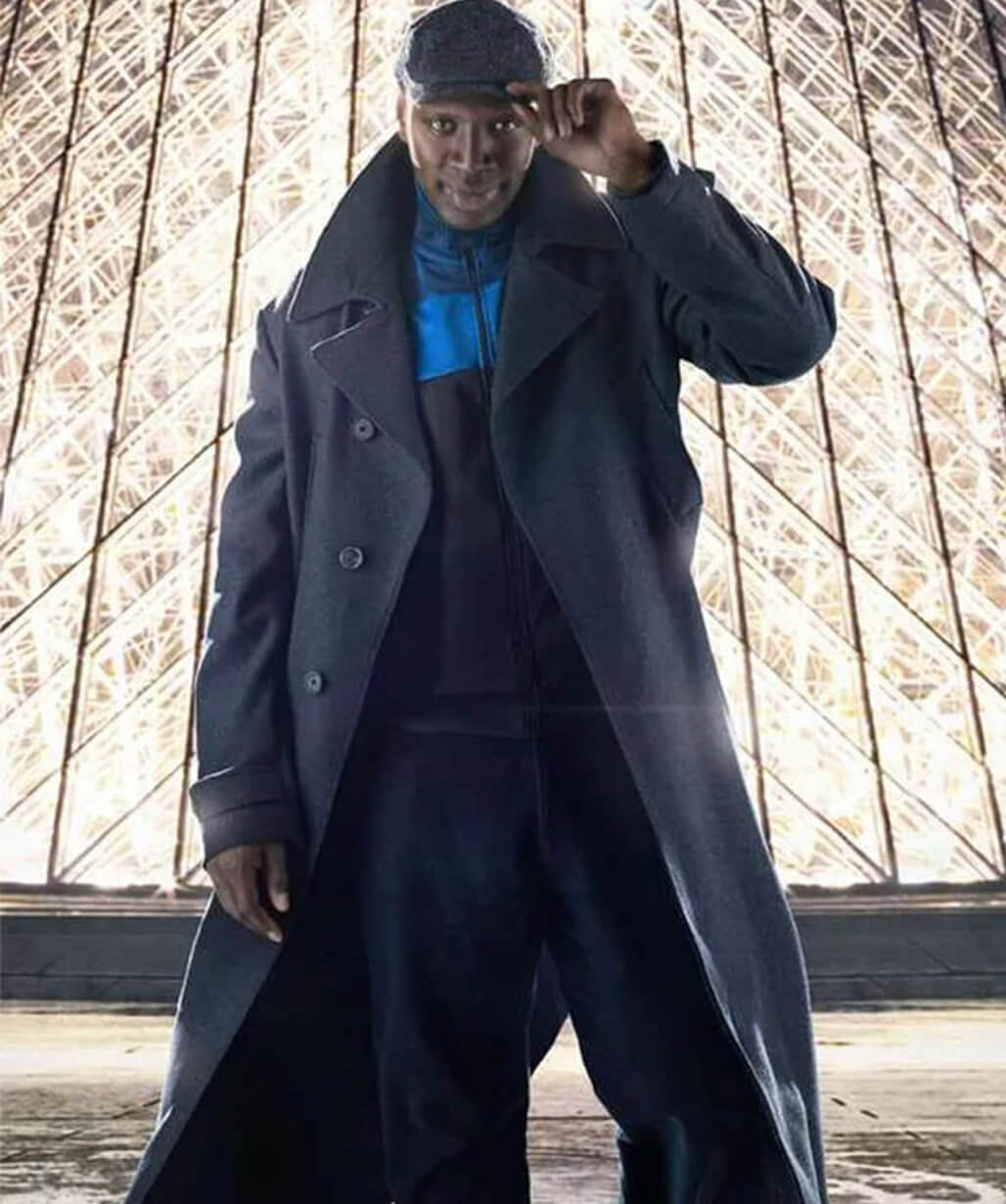 Lupin S02 Assane Diop Black Wool Long Coat