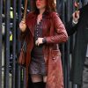 Claire Foy Ink 2026 Burgundy Leather Coat