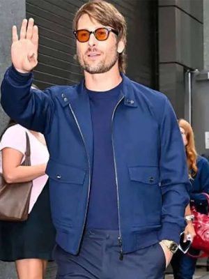 Glen Powell NYC 2026 Blue Bomber Jacket