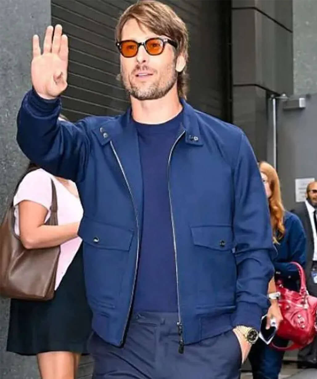 Glen Powell NYC 2026 Blue Bomber Jacket