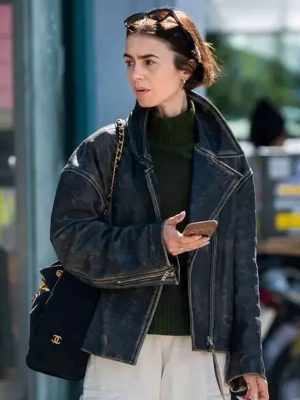 Lily Collins Black Distressed Leather Jacket