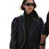 Lily Collins Black Distressed Leather Jacket
