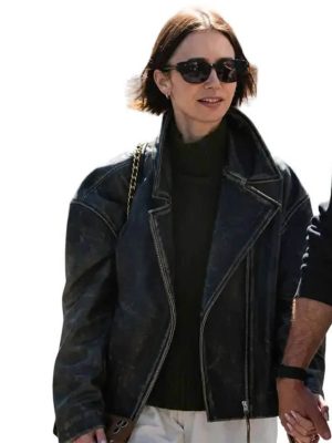 Lily Collins Black Distressed Leather Jacket