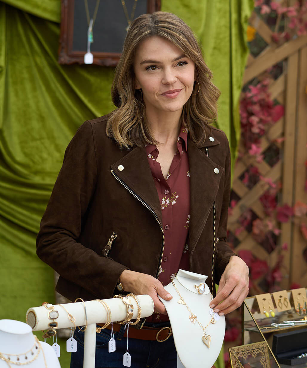 Love Finds You 2026 Aimee Teegarden Brown Suede Jacket