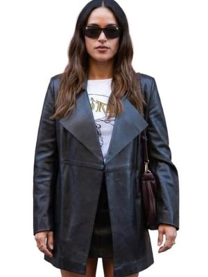 MFW 2026 Adria Arjona Black Leather Coat
