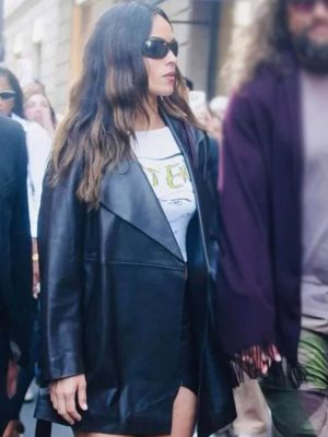 MFW 2026 Adria Arjona Black Leather Coat