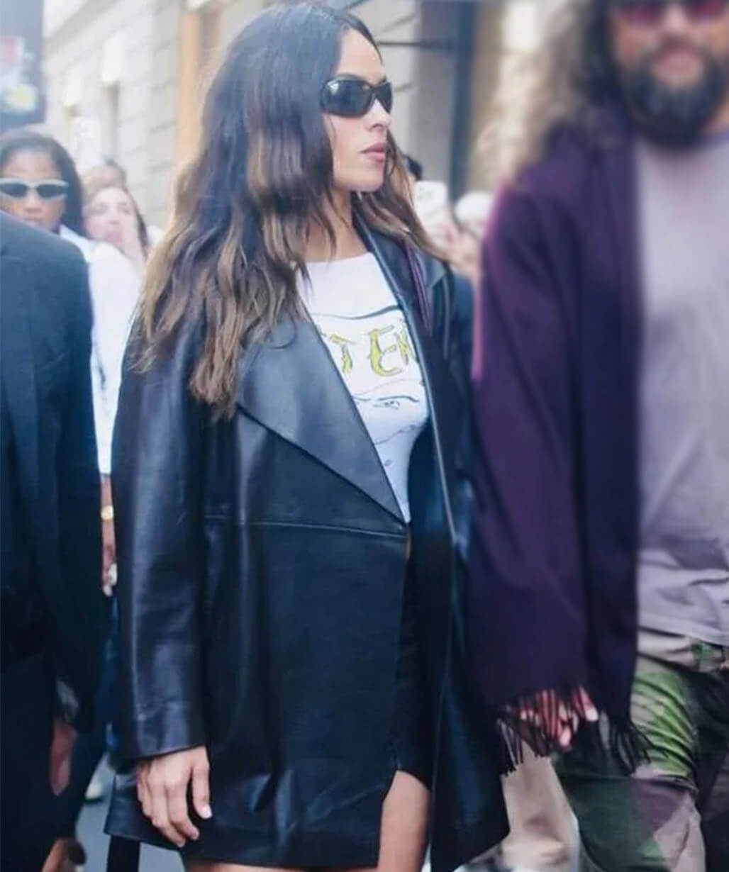 MFW 2026 Adria Arjona Black Leather Coat