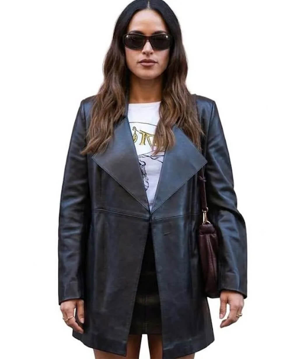 MFW 2026 Adria Arjona Black Leather Coat
