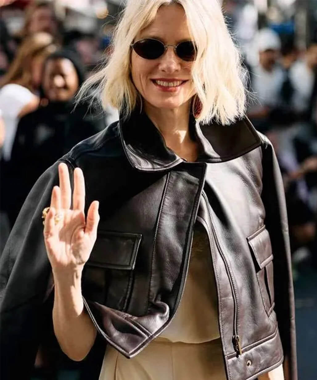 Naomi Watts PFW 2026 Brown Leather Jacket